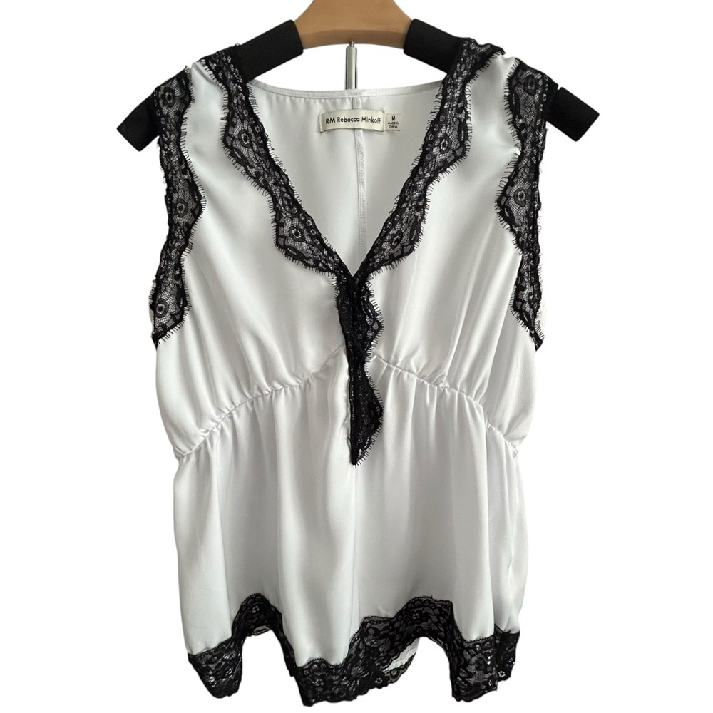 REBECCA MINKOFF | Womens Lace Trim Sleeveless Blouse Cinched Waist White Black M